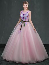 Graceful Scoop Floor Length Pink 15th Birthday Dress Organza Sleeveless Appliques
