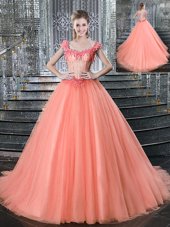 Fashion Straps Straps Peach Sleeveless Tulle Brush Train Lace Up Quinceanera Dresses for Military Ball and Sweet 16 and Quinceanera