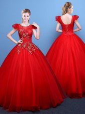 Clearance Red Ball Gowns Scoop Short Sleeves Tulle Floor Length Lace Up Appliques Quinceanera Gowns