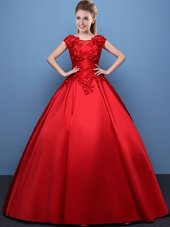 Scoop Appliques Quinceanera Dresses Red Lace Up Cap Sleeves Floor Length