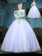 Scoop Long Sleeves Lace Up Sweet 16 Dresses Lavender Tulle