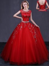 Comfortable Scoop Cap Sleeves Floor Length Lace Up Quinceanera Gowns Red and In for Military Ball and Sweet 16 and Quinceanera with Beading and Belt