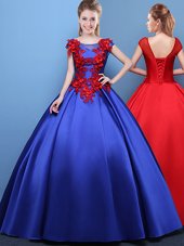 Scoop Sleeveless Elastic Woven Satin Floor Length Lace Up Quince Ball Gowns in Wine Red for with Lace and Appliques