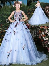 Dazzling Scoop Light Blue Sleeveless Organza Brush Train Lace Up Vestidos de Quinceanera for Military Ball and Sweet 16 and Quinceanera