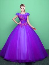 Dramatic Scoop Purple Ball Gowns Appliques Quinceanera Gowns Lace Up Tulle Short Sleeves Floor Length