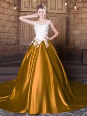 Scoop Sleeveless Elastic Woven Satin Floor Length Court Train Lace Up Sweet 16 Dress in Gold for with Lace and Appliques