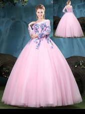 Simple Floor Length Baby Pink Quince Ball Gowns Scoop Long Sleeves Lace Up