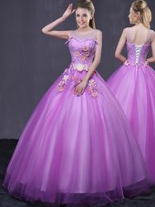 Elegant Lilac Quinceanera Dresses Military Ball and Sweet 16 and Quinceanera and For with Beading and Appliques Scoop Sleeveless Lace Up