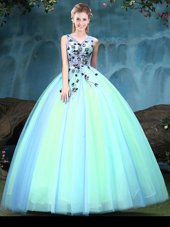 Multi-color Ball Gowns Appliques Quinceanera Gown Lace Up Tulle Sleeveless Floor Length