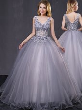 Sleeveless Sweet 16 Quinceanera Dress Floor Length Appliques Grey Tulle