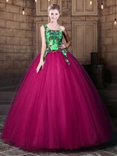 One Shoulder Sleeveless Sweet 16 Dress Floor Length Pattern Fuchsia Tulle