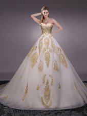 Sweetheart Sleeveless Tulle Quinceanera Gown Appliques Brush Train Lace Up