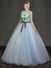 Attractive Scoop Sleeveless Organza Quince Ball Gowns Appliques Lace Up