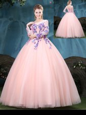 Custom Fit Scoop Long Sleeves Floor Length Lace Up Quinceanera Gown Baby Pink and In for Military Ball and Sweet 16 and Quinceanera with Appliques