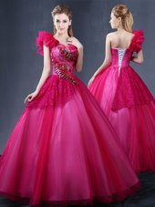 Light Blue Lace Up V-neck Lace and Appliques Quince Ball Gowns Tulle Sleeveless