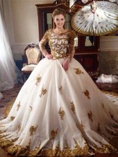 Scoop With Train Ball Gowns Long Sleeves White Sweet 16 Dresses Chapel Train Zipper
