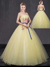 Ball Gowns Quince Ball Gowns Yellow Strapless Tulle Sleeveless Floor Length Lace Up