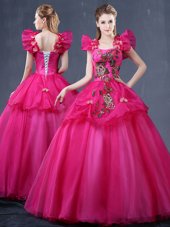 Fuchsia Lace Up Straps Appliques Quince Ball Gowns Tulle Sleeveless