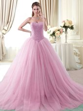 Colorful Beading 15 Quinceanera Dress Rose Pink Lace Up Sleeveless With Brush Train