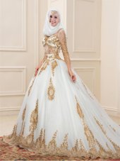 Glamorous Tulle V-neck 3|4 Length Sleeve Sweep Train Zipper Appliques Quinceanera Gowns in White