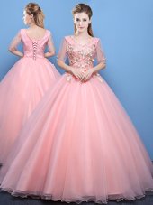 Edgy V-neck Half Sleeves Ball Gown Prom Dress Floor Length Appliques Baby Pink Tulle
