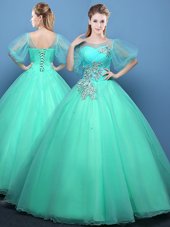 Fitting Scoop Half Sleeves Quinceanera Dress Floor Length Appliques Turquoise Organza