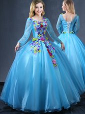 Baby Blue V-neck Lace Up Appliques Sweet 16 Quinceanera Dress Long Sleeves