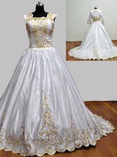 Square Sleeveless Brush Train Zipper Sweet 16 Quinceanera Dress White Taffeta