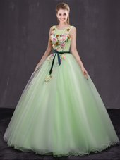 Cute Scoop Sleeveless Organza Floor Length Lace Up Quince Ball Gowns in Yellow Green for with Appliques
