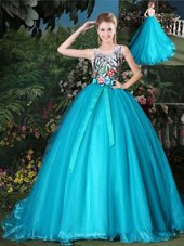 Scoop Sleeveless Brush Train Zipper Appliques and Belt Quince Ball Gowns