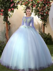 Big Puffy Light Blue Long Sleeves Floor Length Appliques Lace Up Quinceanera Dress