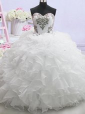 Sleeveless Organza With Brush Train Lace Up Bridal Gown in White for with Beading and Ruffled Layers