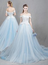 Off the Shoulder Light Blue Sleeveless With Train Appliques Lace Up Wedding Dress