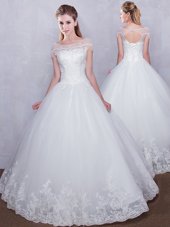 Sumptuous White Scoop Neckline Lace Wedding Gown Cap Sleeves Lace Up