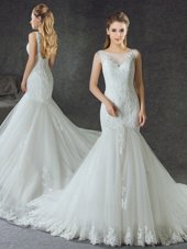 Unique Mermaid White Wedding Gown Wedding Party and For with Lace and Appliques Scoop Sleeveless Court Train Lace Up