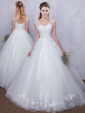 Straps Straps White Tulle Lace Up V-neck Sleeveless Floor Length Wedding Dresses Lace and Appliques
