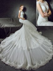 Mermaid Scoop Tulle Sleeveless With Train Wedding Dresses Court Train and Lace