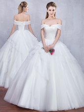 Exceptional Off the Shoulder Tulle Sleeveless Floor Length Bridal Gown and Beading and Ruffles
