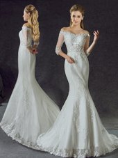 Charming Mermaid Tulle Off The Shoulder Half Sleeves Brush Train Lace Up Lace and Appliques Wedding Gowns in White