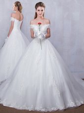 Romantic Scalloped With Train Lace Up Wedding Gown White and In for Wedding Party with Lace Court Train
