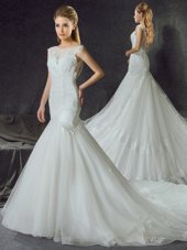Mermaid Scoop With Train White Wedding Gowns Tulle Court Train Sleeveless Lace and Appliques
