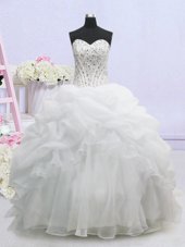 Sleeveless Organza Brush Train Lace Up Wedding Dress in White for with Beading and Pick Ups