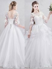 Perfect White Lace Up Scoop Lace and Ruffles Bridal Gown Tulle Half Sleeves Brush Train