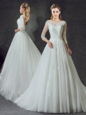 White Scoop Lace Up Lace Bridal Gown Court Train 3|4 Length Sleeve