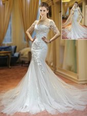 Mermaid Scoop With Train White Bridal Gown Tulle Brush Train Half Sleeves Appliques