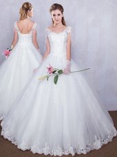 Floor Length Ball Gowns Short Sleeves White Wedding Gowns Lace Up