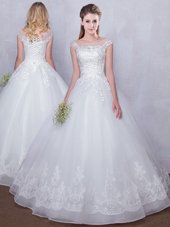 Customized Scoop Cap Sleeves Tulle Wedding Dress Lace Lace Up