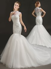 Trendy Mermaid White Sleeveless With Train Lace and Appliques Zipper Wedding Dress