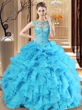 Latest Ball Gowns Quinceanera Gown Baby Blue Scoop Organza Sleeveless Floor Length Lace Up