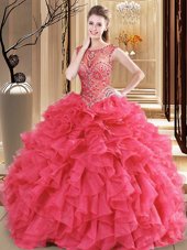 Scoop Sleeveless Organza Floor Length Lace Up Ball Gown Prom Dress in Coral Red for with Beading and Ruffles